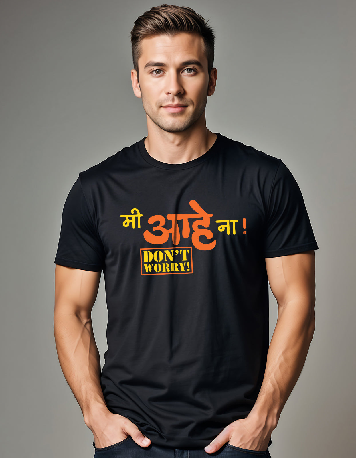 "A unisex graphic t-shirt featuring the phrase 'Mi aahe na don't worry' in bold, modern typography. The design is simple and casual, with the text prominently displayed on the front in a clean, easy-to-read font. The shirt is a comfortable fit, ideal for everyday wear."