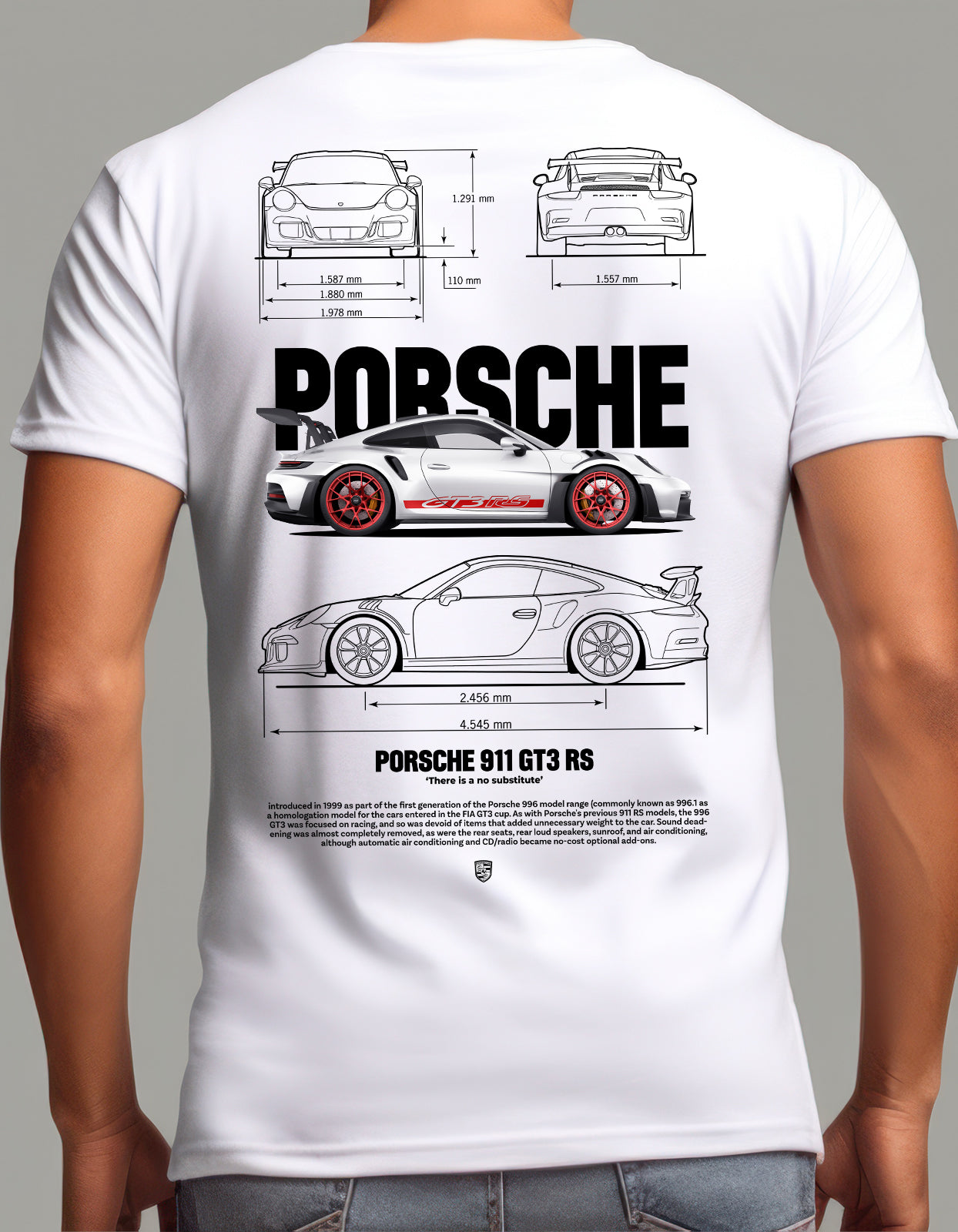 White Porsche 911 GT3 RS graphic print on a soft, breathable Car Collection T-Shirt by WhimsyWrap.