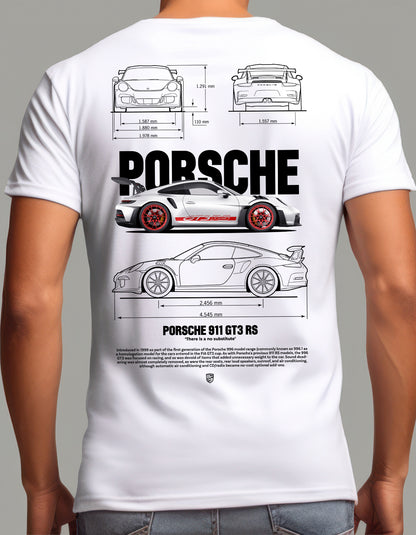 White Porsche 911 GT3 RS graphic print on a soft, breathable Car Collection T-Shirt by WhimsyWrap.