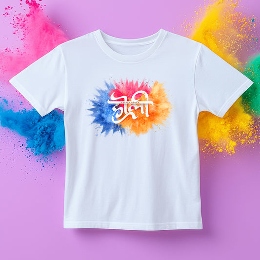 A vibrant nylon half-sleeve T-shirt with a colorful "Happy Holi" print, designed for both men and women. The lightweight and breathable fabric ensures comfort and durability during Holi celebrations. Available in multiple sizes, it’s perfect for enjoying the festival of colors without worrying about stains.