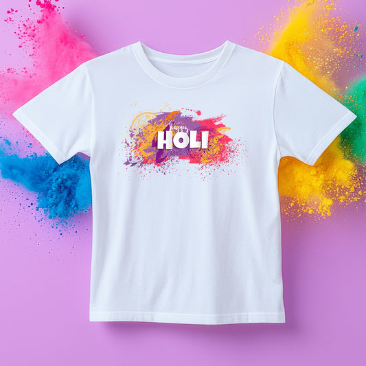 A vibrant nylon half-sleeve T-shirt with a colorful "Happy Holi" print, designed for both men and women. The lightweight and breathable fabric ensures comfort and durability during Holi celebrations. Available in multiple sizes, it’s perfect for enjoying the festival of colors without worrying about stains.