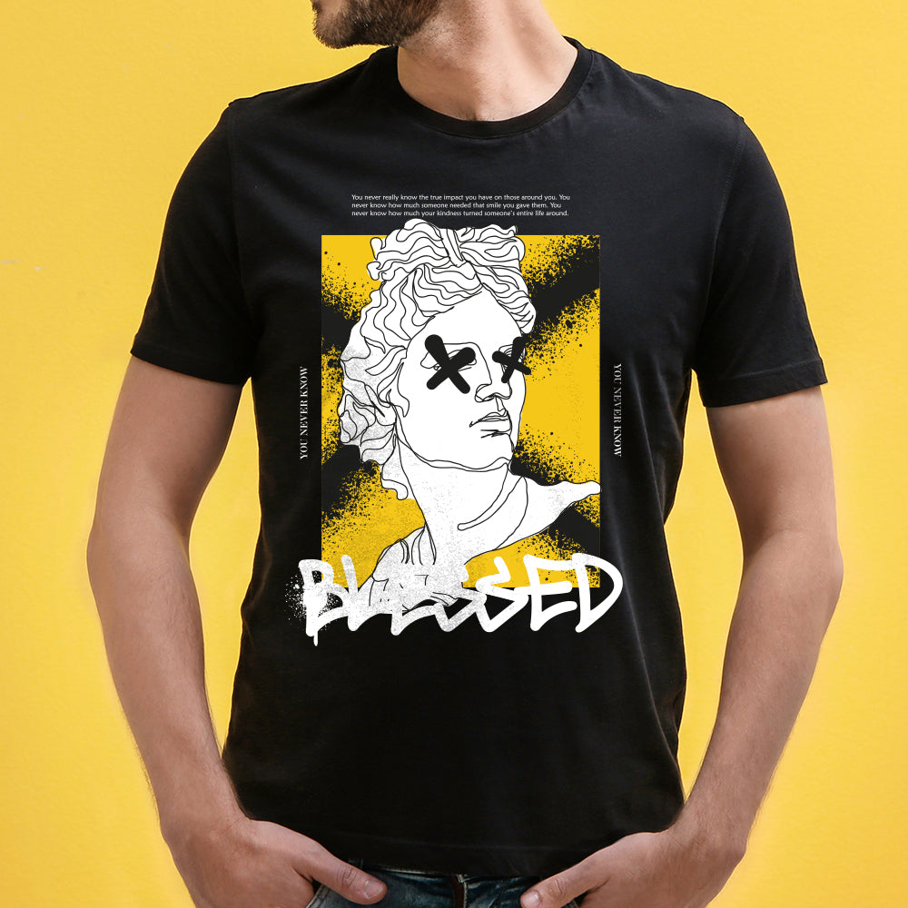 Shop the 'Blessed' Unisex Graphic T-Shirt by WhimsyWrap, featuring a stylish cartoon design with positive, uplifting vibes. This comfortable, trendy T-shirt is perfect for casual wear and expressing gratitude, with a vibrant, eye-catching design. Ideal for both men and women who love inspirational apparel.