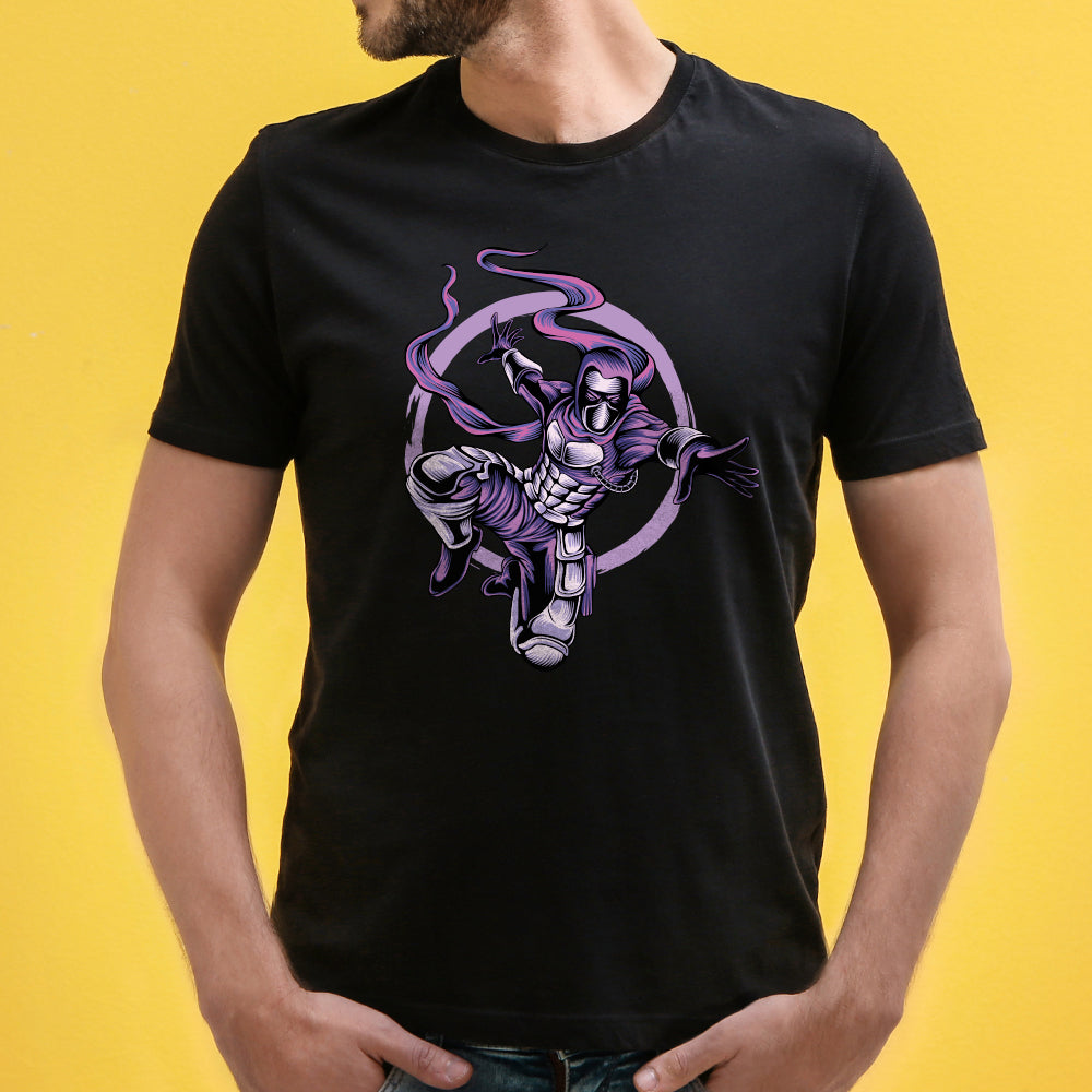 Shop the 'Purple Ninja' Unisex Graphic T-Shirt by WhimsyWrap, featuring a bold cartoon design of a purple ninja in action. This stylish and dynamic T-shirt is perfect for both men and women who love martial arts, adventure, and unique graphic tees. Ideal for casual wear, it adds a vibrant touch to your wardrobe.